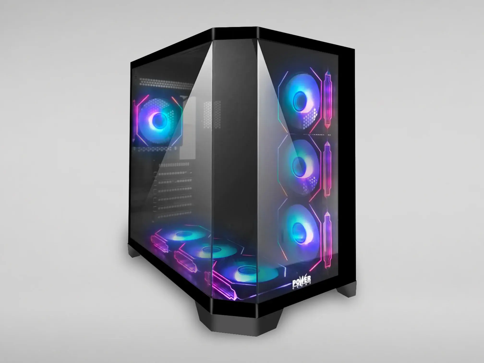W75 NEGRO + Fuente Power Group 600W 80 Plus Bronze — Gabinetes con y sin vidrio templado, RGB y airflow.